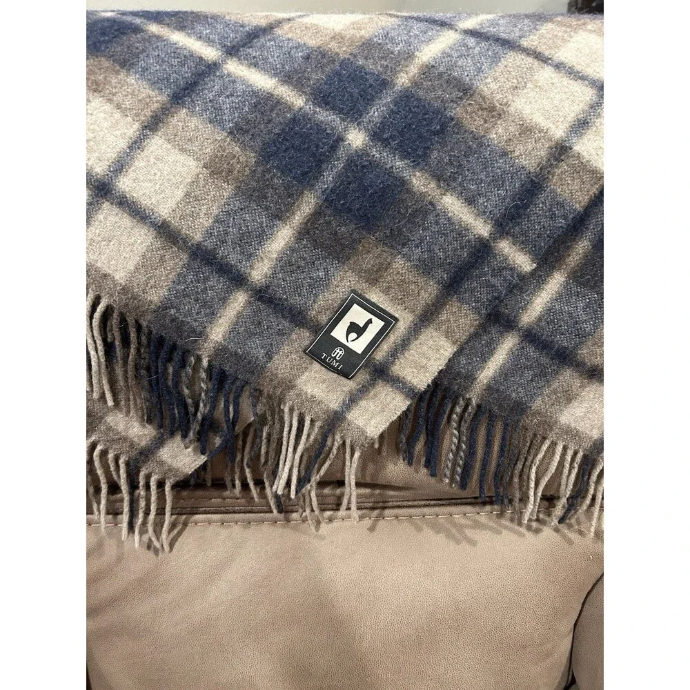 Tumi Superfine Alpaca Plaid Blanket Handcrafted Brown Blue Handcrafted 78x 60